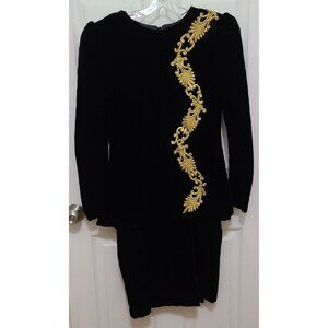 Vtg 70s Claralura Womens Long Sleeve Peplum Dress Black Velvet Gold Embroidery 8
